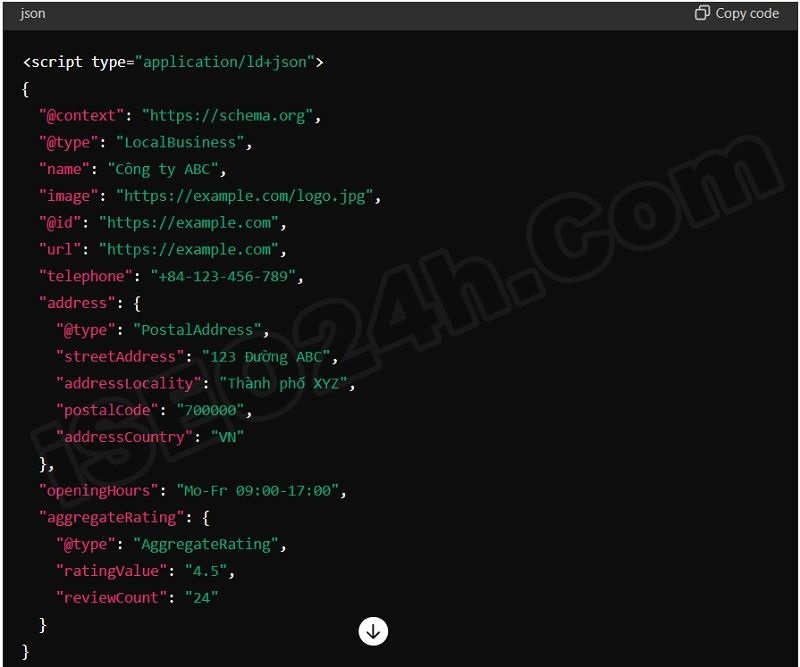 Ví dụ về cách đánh dấu một trang web của một doanh nghiệp địa phương bằng JSON-LD