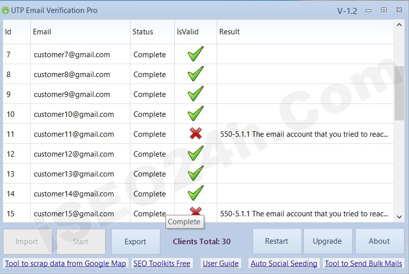 Bulk email verification results interface of UTPEmailVerificationPro bulk email verification software