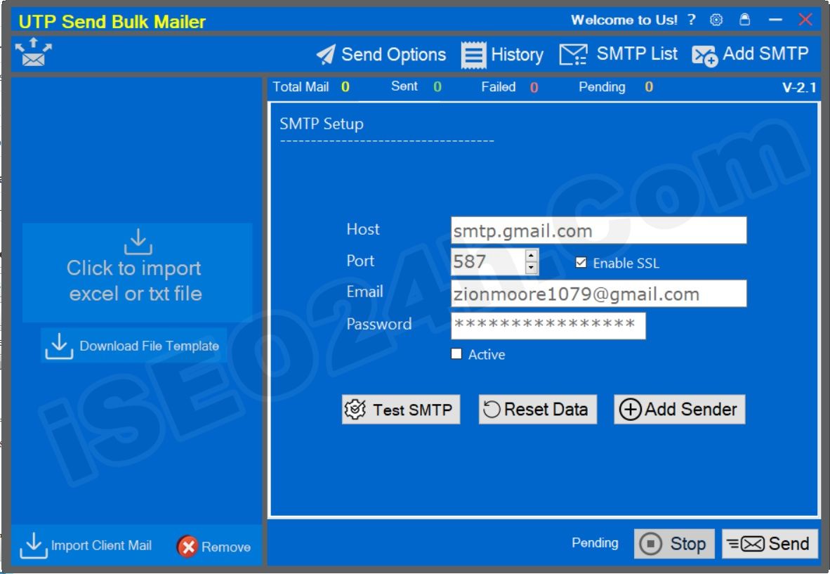 Interface of smtp mail server setup results