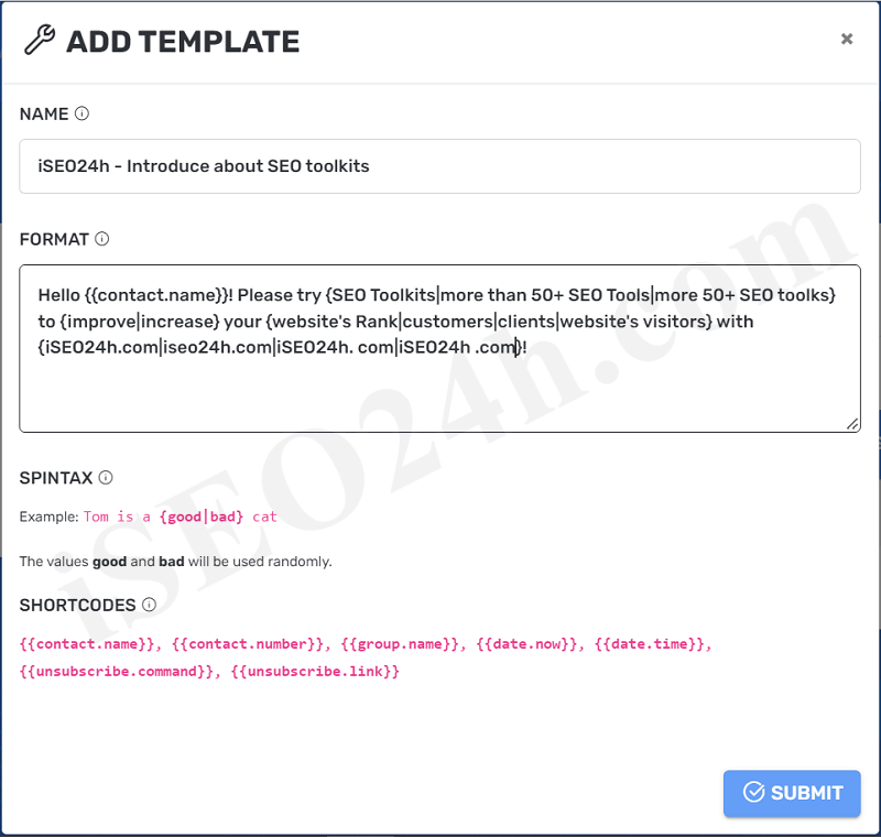 The Template content with spintax formular and short code